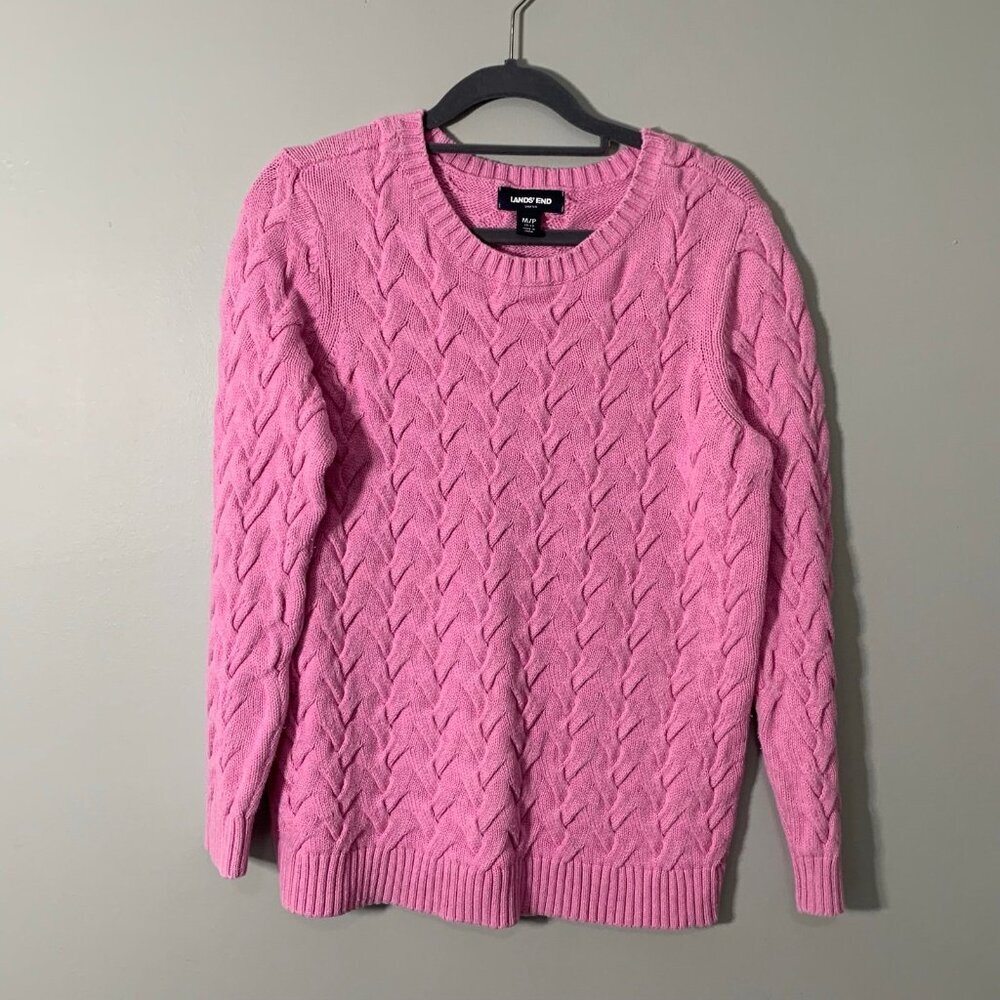 Lands' End Drifter Pink Cable Knit Crewneck Sweater Womens Medium 10-12 Pullover